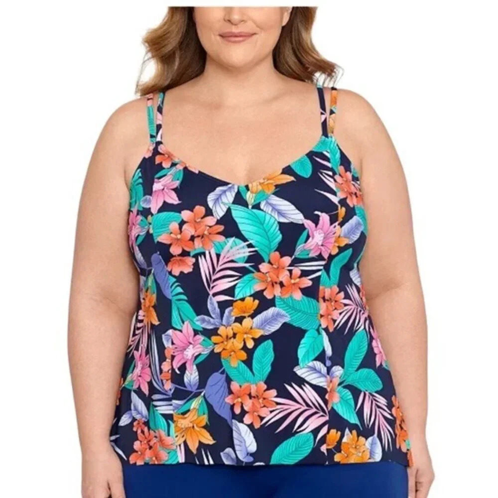 Swim Solutions Havanna Nights Bust Support Tankini Swim Top Size 24W Navy NWT